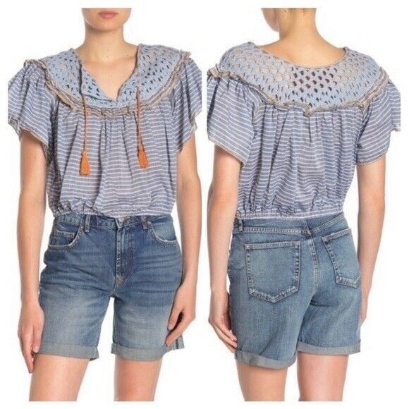 Free People Allora Blouse Womens Small Blue Peasant Cropped Crochet Striped XS - Picture 1 of 6